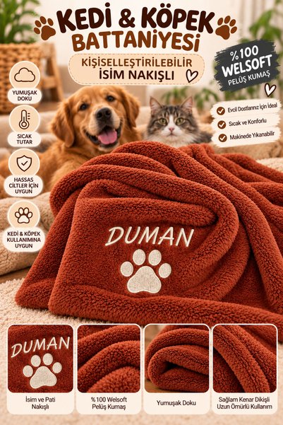 BeybiNest 65 x 85 cm Kiremit Renk Welsoft Kedi Köpek Battaniyesi Nakışlı Kişiselleştirilebilir
