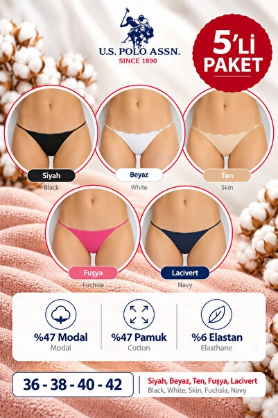 U.S. Polo Assn. Kadın, Lisanslı, Renkli , %47 Modal %47 Pamuk, 5'li String Külot