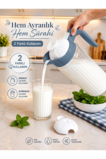abenim 1500 cc Mavi Çİft Fonksiyonlu Kapaklı Cam Sürahi ve Ayran Karıştırma S...