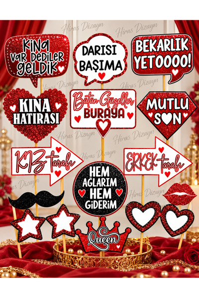 Hiras Dizayn Kına Gecesi Konuşma Balonu Seti 14'lü Kırmızı Işıltılı - Büyük B...