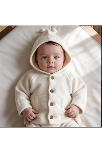 ALTINTAŞ BABY Çizgili Triko Ponpon Kapüşonlu Çift Katlı Kız Erkek Bebek Hırka