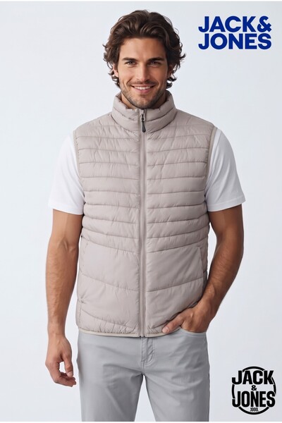 Jack & Jones Beige Men's Soft Puffer Vest Coat Jjestate Packable Bw Collar Noos