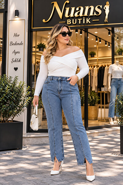 Nüans Büyük Beden Beli Lastikli Mom Jeans Mavi Pantolon