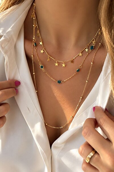 Trendy Butik Üçlü Top Zincir, Nazar Ve Yıldız Detaylı Tek Kolye