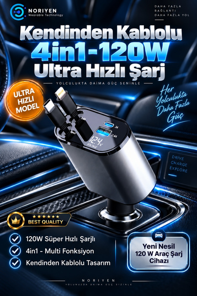 Noriyen Yeni Nesil 4in1 120W Ultra Hızlı Araç Şarj Cihazı Çakmaklık Kendinden...