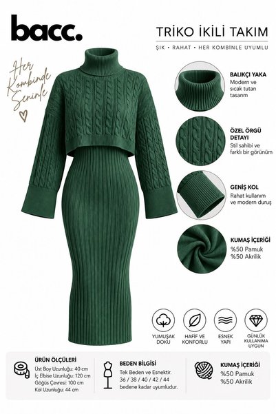 bacc Women's Khaki High-Rise Knit Motif Crop Sweater and Knitwear Dress Set Bc 231004