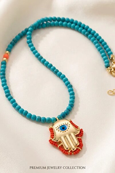 Trendy Butik Blue Beaded Fatma Mother Hand Figured Necklace