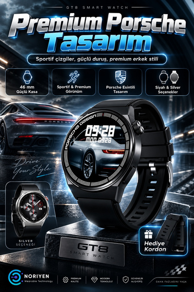 Noriyen Premium GT8 Porsche Erkek Akıllı Saat Kablosuz Şarj HD Ekran Sağlık S...