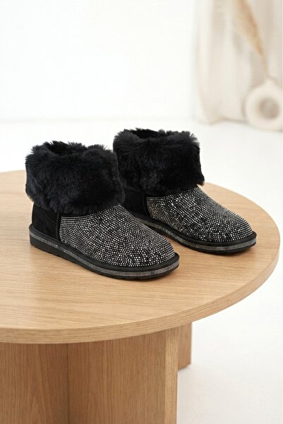 Zerenyus Likea Premium Black Suede Silver Beaded Fur Boots