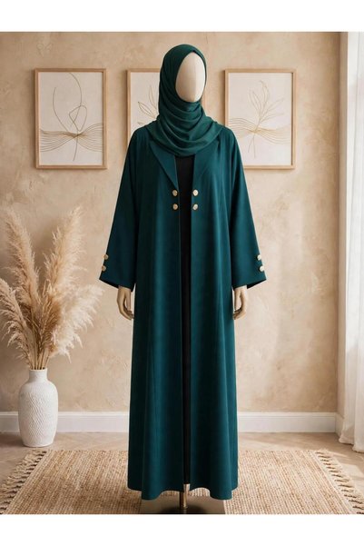 Musk Couture Emerald Green Coat-Style Abaya with Matching Hijab | Modern & Elegant