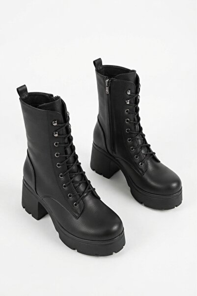Zerenyus Jones Premium Siyah Bağcıklı Kalın Platform Topuklu Bot 7 cm