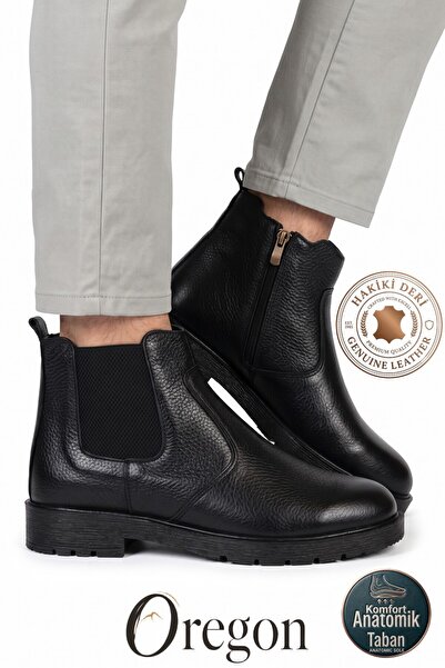 MAKRAS 101 Casual Black 100% Genuine Leather Men's 4 Season Boots Chelsea Shoes