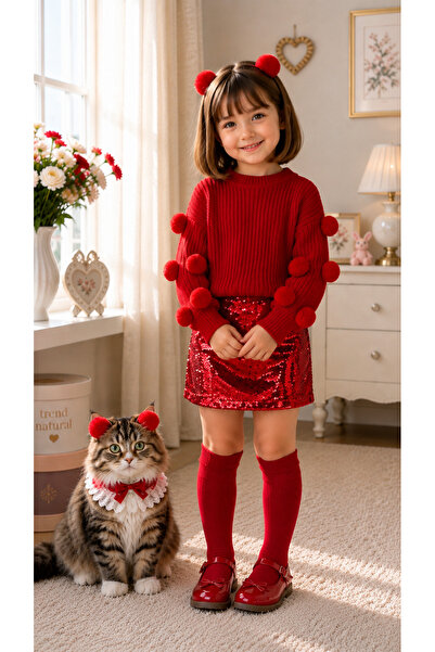 TREND NATURAL Kız Çocuk Bebek Kırmızı Ponponlu Kazak &Pullu Etek &Toka&Çorap ...