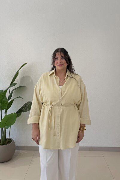 CHUL Büyük Beden Kadın İnce Gabardin Keten Kemerli Oversize Gömlek - Tereyağ ...