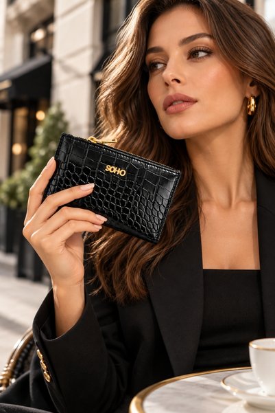 SOHO Original Women's Crocodile Premium Wallet, Luxurious Crocodile Skin Pattern Look, Gold Detailed, Stylish & Compact Model, Gift Card Holder & Coin Compartment, Zippered Multi-Compartment Medium Size Card Holder Wallet |   15 X 8 cm