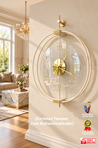MetaQuartz Aksesuar Orjinal Metal Temperli Camlı Krem Gold Detaylı Sessiz Met...