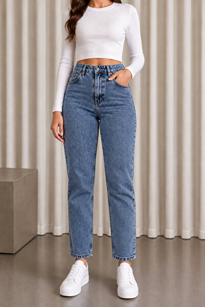 DELDNM Daisy Kadın Kar Mavi Yüksek Bel Likralı Mom Jean Kot Pantolon