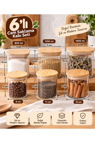 HOMENIVA Senga 6 Parça Borosilikat Cam Kavanoz – Bambu Vakum Kapaklı Kavanoz ...