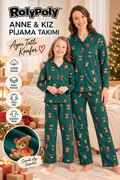 Rolypoly Mother Daughter Winter Bear Green Shirt Pajama Set Rp3919-A-V1
