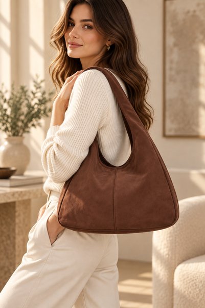 SOHO Original Women's Suede Luxury Soft Leather Vintage Model Zippered Large Volume Tote Bag with Main Compartment and Inner Pocket Shopper Modern City Style Comfortable Thick Strap Daily Stylish Hand and Shoulder Bag - Brown