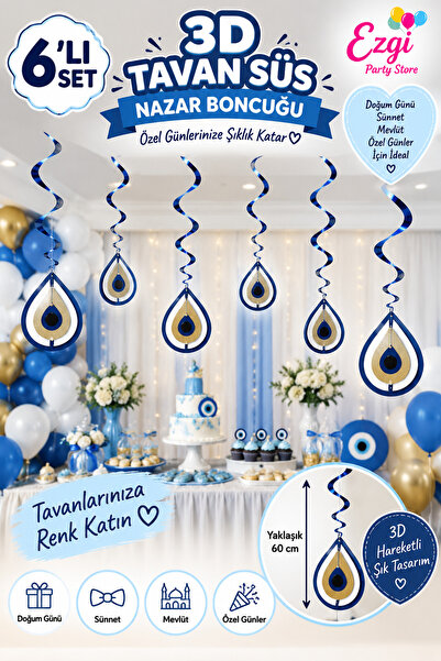 Ezgi Party Store 10'lu 3D Nazar Boncuğu Tavan Süsü Sünnet Mevlüt Doğum Günü P...