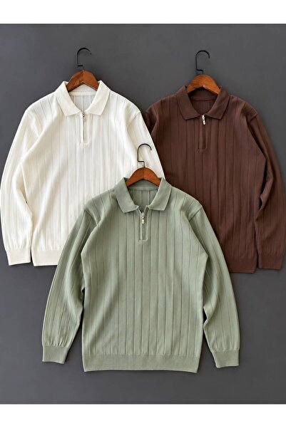 Beylerce 3 Pieces of Striped Knitwear Sweater with Zipper Collar