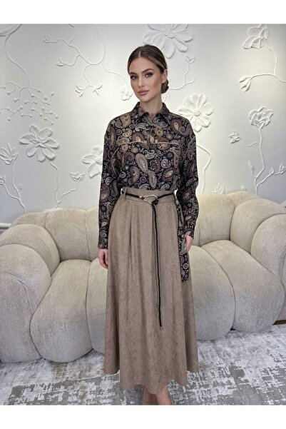 Ceremony 948 Set with Shirt, Shawl-Patterned Suede Skirt