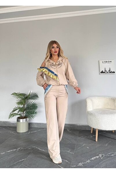 Bella Belluci Kadın Kaliteli Omuz Dekolteli Fırfır Detaylı Spor İkili Takım