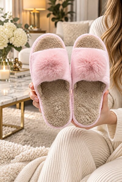 Moda Frato TEK PONPON Model Kadın Ev Terliği - Sıcak Tutan Pofuduk Terlik Ses...