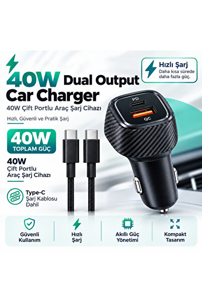 Genel Markalar Araç Şarj Aleti Çakmaklık Type-C + USB Gırişli Kablolu Set 40w...