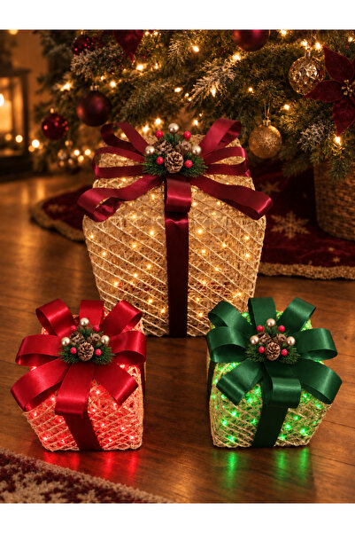 3’lü LED Işıklı Yılbaşı Ağacı Altı Hediye Kutusu Seti Doğal Jüt Noel Dekoru Yılbaşı süsü