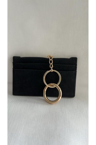 ZRN AKSESUAR Wallet Women's Black Card Holder Wallet – 4 Card Compartments, Zippered Coin Compartment, Chain for Attachment to Bags