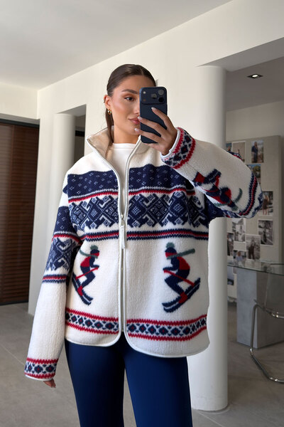 MAGARDE PREMİUM DESENLİ FERMUARLI POLAR HIRKA- KOYU LACİVERT