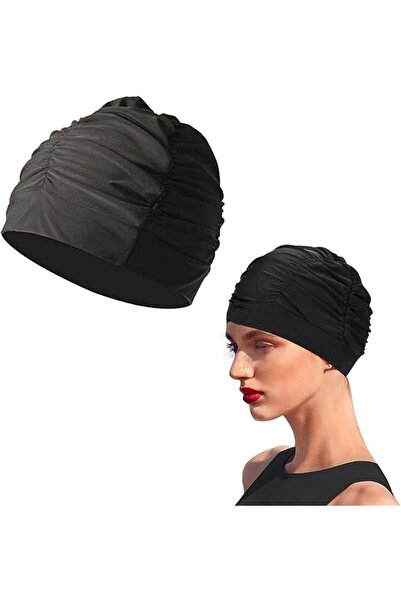 Generic Breathable Fabric Swim Cap for Women and Men, Pleated Retro Style, Lo...