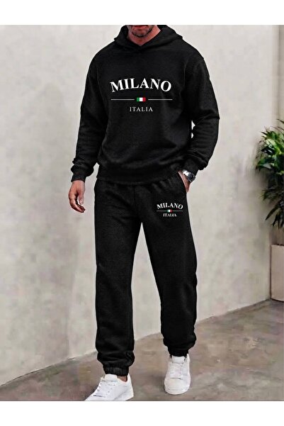 LELVANİ Men's Milano Italy Letter Printed Hooded Tracksuit Set