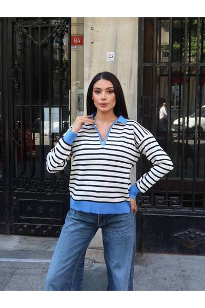 Lamierra Striped Polo Neck Zipper Sweater