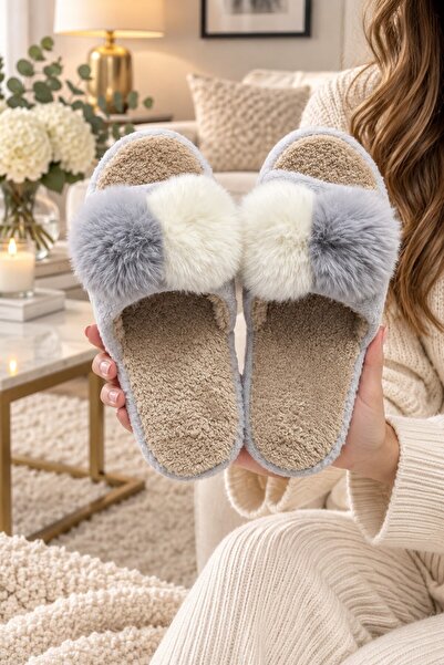 Moda Frato Γυναικείες παντόφλες σπιτιού DOUBLE PONPOM - Ζεστές, αφράτες παντό...