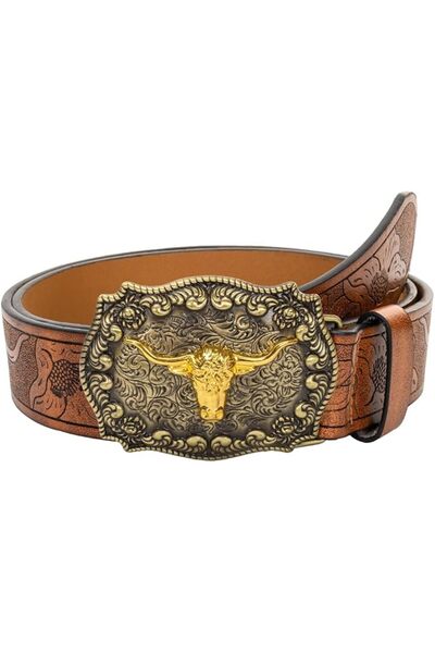 YARDHOBI Western Cowboy PU Leather Belt, Men Waist Strap Bull Decoration Flor...
