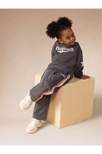 Parskidswear California Pembe Yazı Baskılı Antrasit Gri Sweatshirt - Pembe Şe...