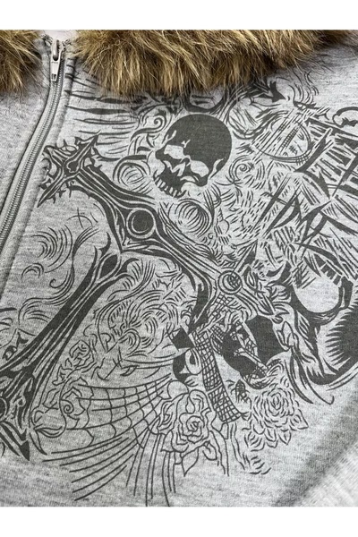 Köstebek Gri Melanj Kürk Detaylı Skull Motifli Gothic Kapüşonlu Hırka