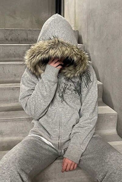 Köstebek Kürk Detaylı Skull Motifli Gri Melanj Unisex Kapüşonlu Sweatshirt