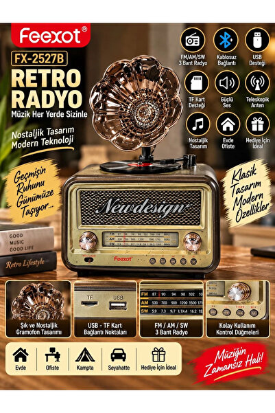Retro Radyo Bluetooth Hoparlör Fm/am/sw 3 Bant USB Tf Kart Nostaljik Tasarım