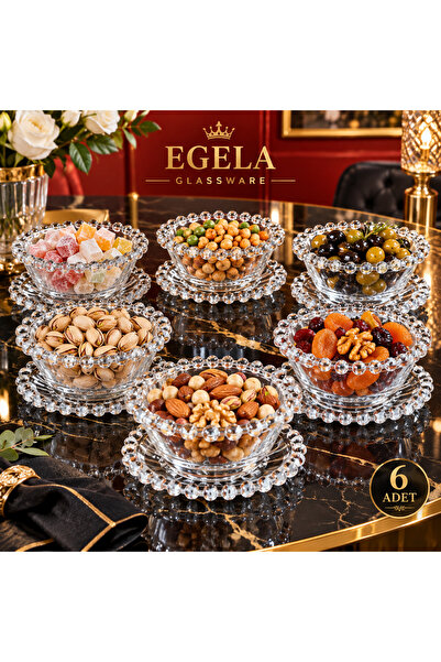 EGELA GLASSWARE 2025 Boncuklu ve Tabaklı Cam Çerezlik Kase Seti- Sunum Seti (...