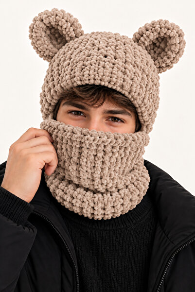 NEHOLİA Men's Puffy Balaklava with Ears Knitted Hooded Neck Warmer Beige Crea...