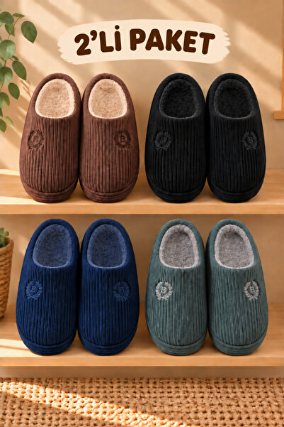 star shoes 2'li Avantajlı Paket Erkek Kadife Ev Terliği Çeyiz Terliği Kışlık ...
