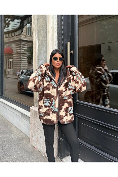Cistern İstanbul Women's Zippered Patterned Plush Coat