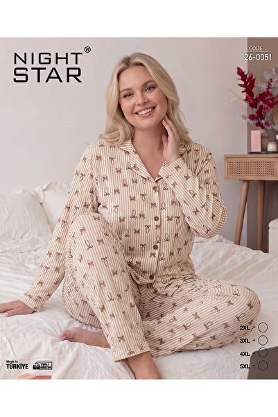 Night Star Nova Kurdele Desenli Süpersoft Düğmeli Büyük Beden Pijama Takımı
