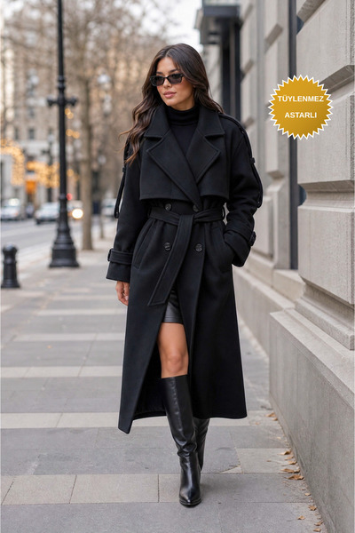 Modark Women's Black Lined Belted Windbreaker Double-Breasted Long Cashmere Coat