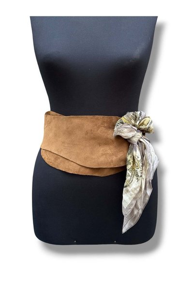 Yılday Gür Butik Marisol Scarf Detailed Tan Nubuck Belt |   Asymmetrical Women's Corset Belt - Standard Size