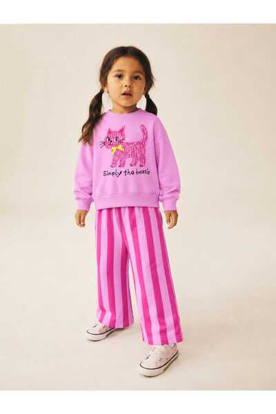 Chic Kids Wear Kız Çocuk Kedi Baskılı Sweatshirt Çizgili Bol Paça Pantolon Takım